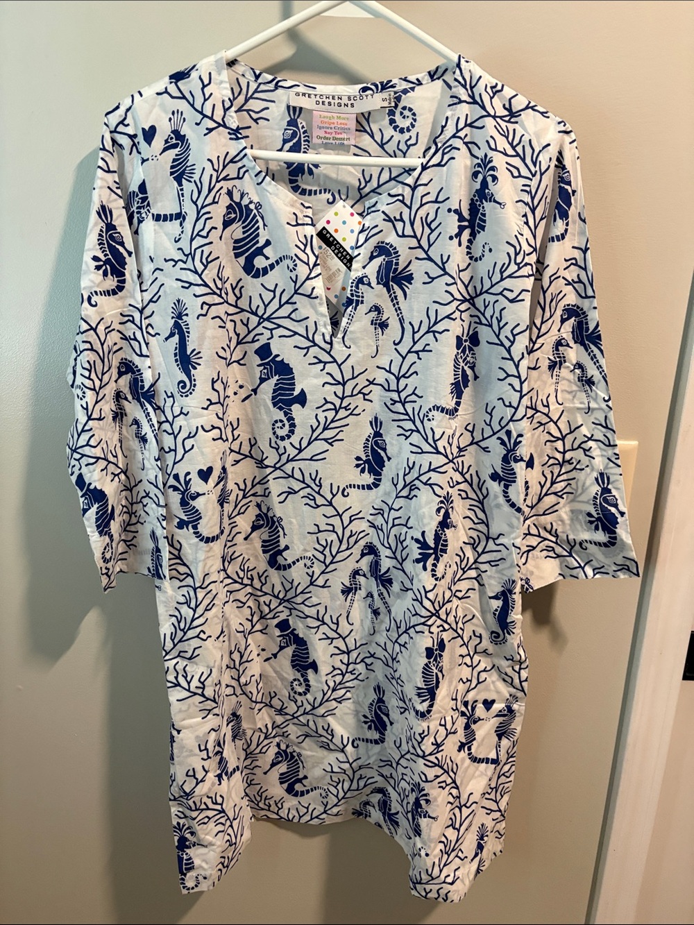 Gretchen Scott Designs White Dress with Navy Seahorse Pattern